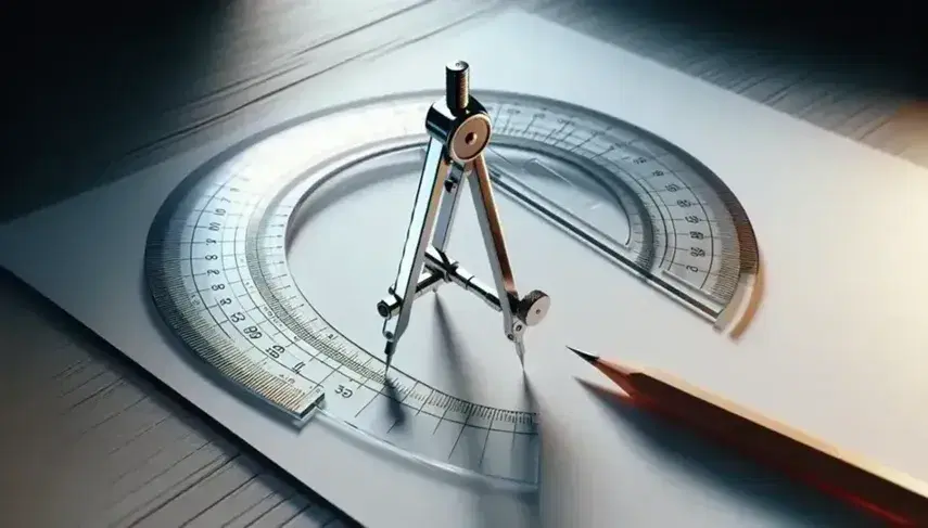 Compasso in metallo lucido con punte su carta bianca, proiettore trasparente e matita affilata su tavolo in legno, per disegno geometrico.
