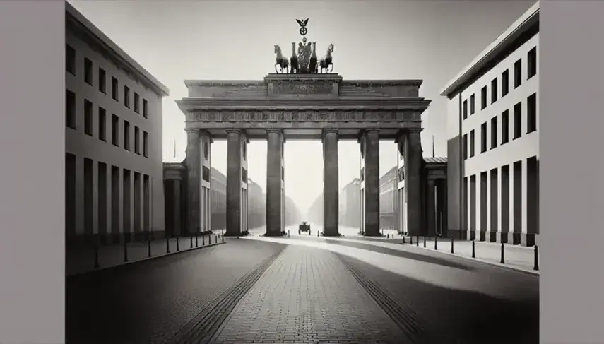Porta di Brandeburgo in bianco e nero, anni '30, con colonne doriche e quadriga in evidenza, senza persone o veicoli.