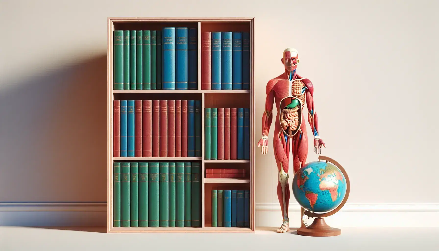Estante de madera con libros de colores y figura anatómica humana junto a un globo terráqueo sin marcas visibles.