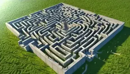 Labirinto di pietra grigia visto dall'alto con persone che cercano l'uscita tra muri alti su prato verde sotto cielo sereno.