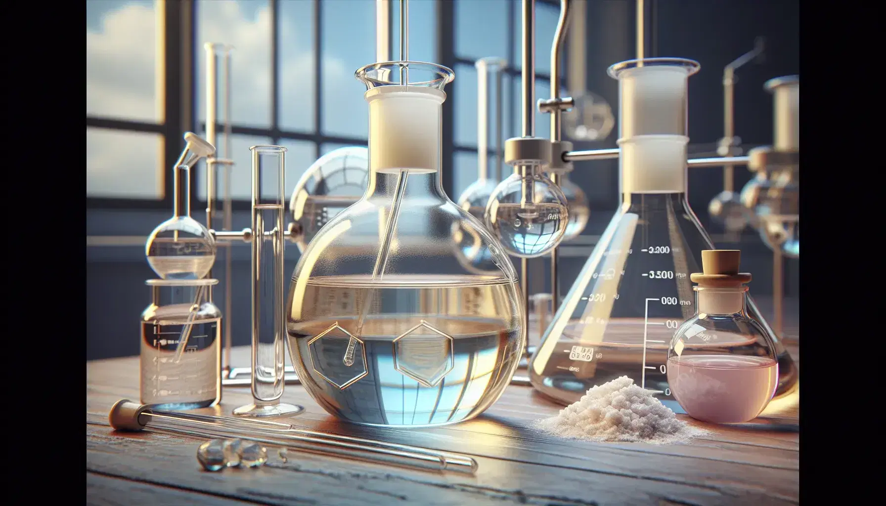 Chemical laboratory with glass flask containing pale yellow liquid, white crystalline powder and three flasks with colored liquids connected by glass tubes.