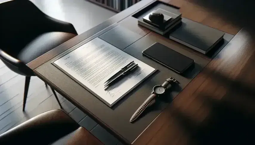 Mesa de madera oscura con dos sillas contemporáneas, contrato impreso, bolígrafos elegantes, smartphone y reloj de pulsera, fondo con estantería y planta.