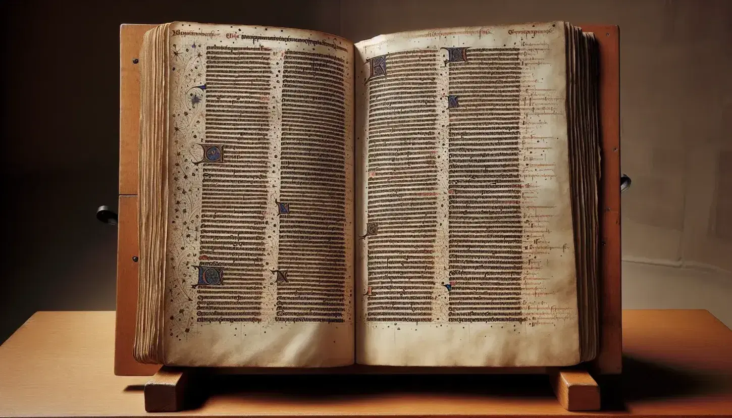 Manoscritto medievale su leggio in legno con testo in latino e iniziali decorate, in una stanza sfocata che richiama una biblioteca antica.