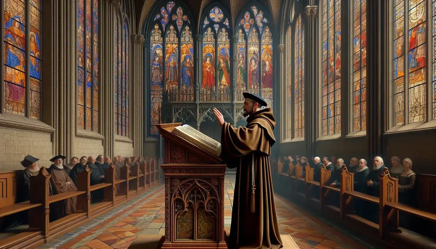 16th-century European church interior with a monk preaching from an ornate pulpit, congregation listening, and vibrant stained glass windows casting colorful light.