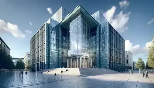 Facciata moderna di un edificio con pareti in vetro che riflettono il cielo azzurro, ingresso principale con gradini e colonne metalliche, piazza con persone e area verde.