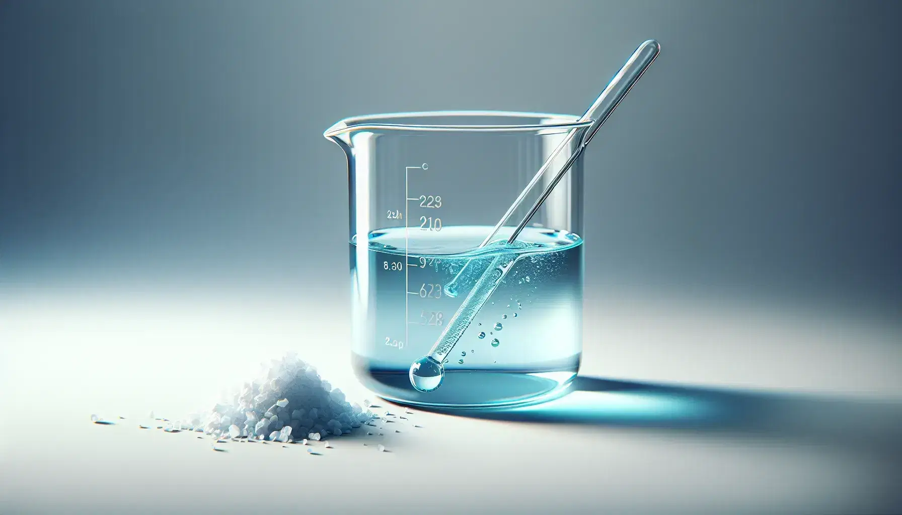 Glass beaker with blue solution and stirring rod, bubbles on the surface, white crystals on the side, neutral gray background.