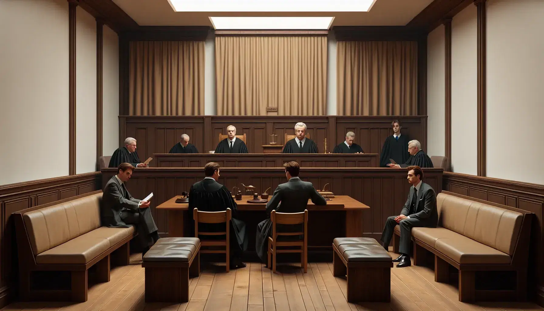 Sala de audiencias de un tribunal penal con jueces en togas y abogados argumentando, bancos de madera para el público y decoración sobria.