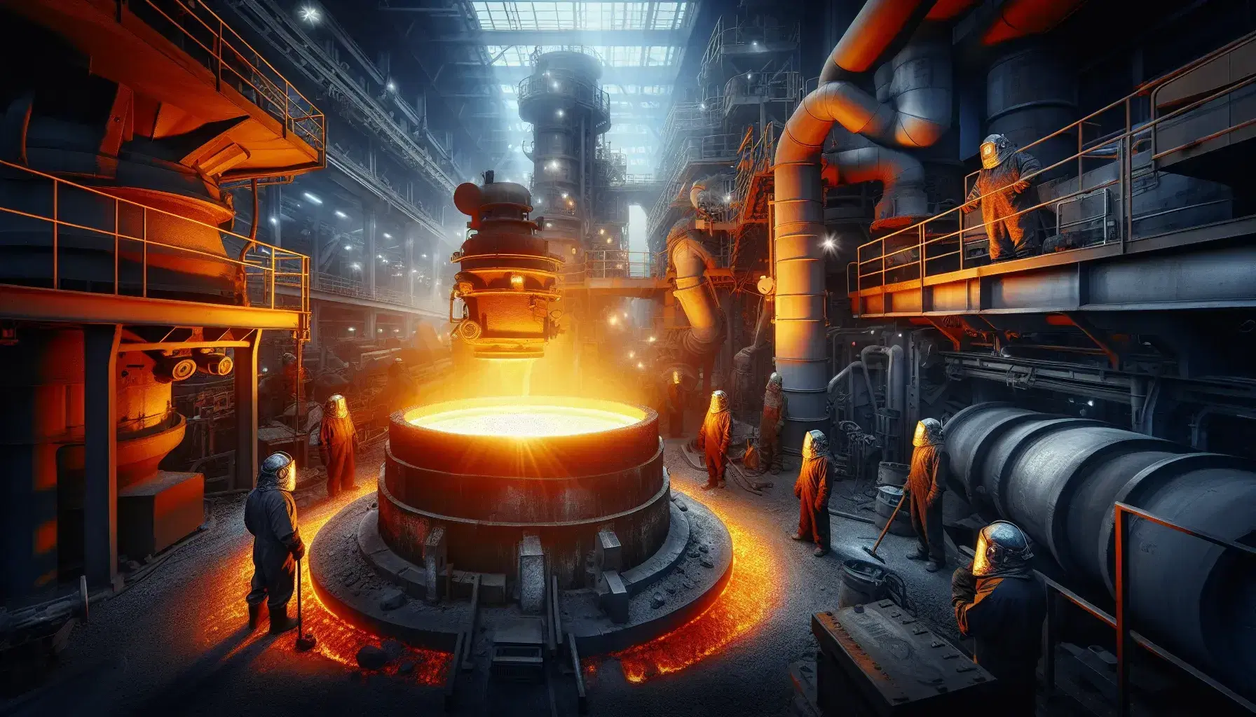 Crucible naranja incandescente con metal fundido en horno de fundición industrial rodeado de trabajadores con equipo de seguridad.