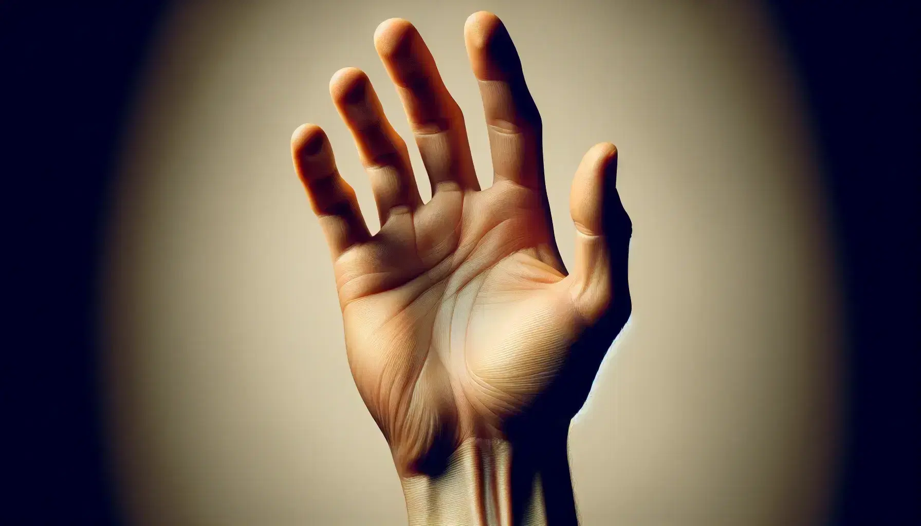 Mano umana aperta con palmo visibile, dita leggermente incurvate e dettagli delle linee cutanee ben evidenti.