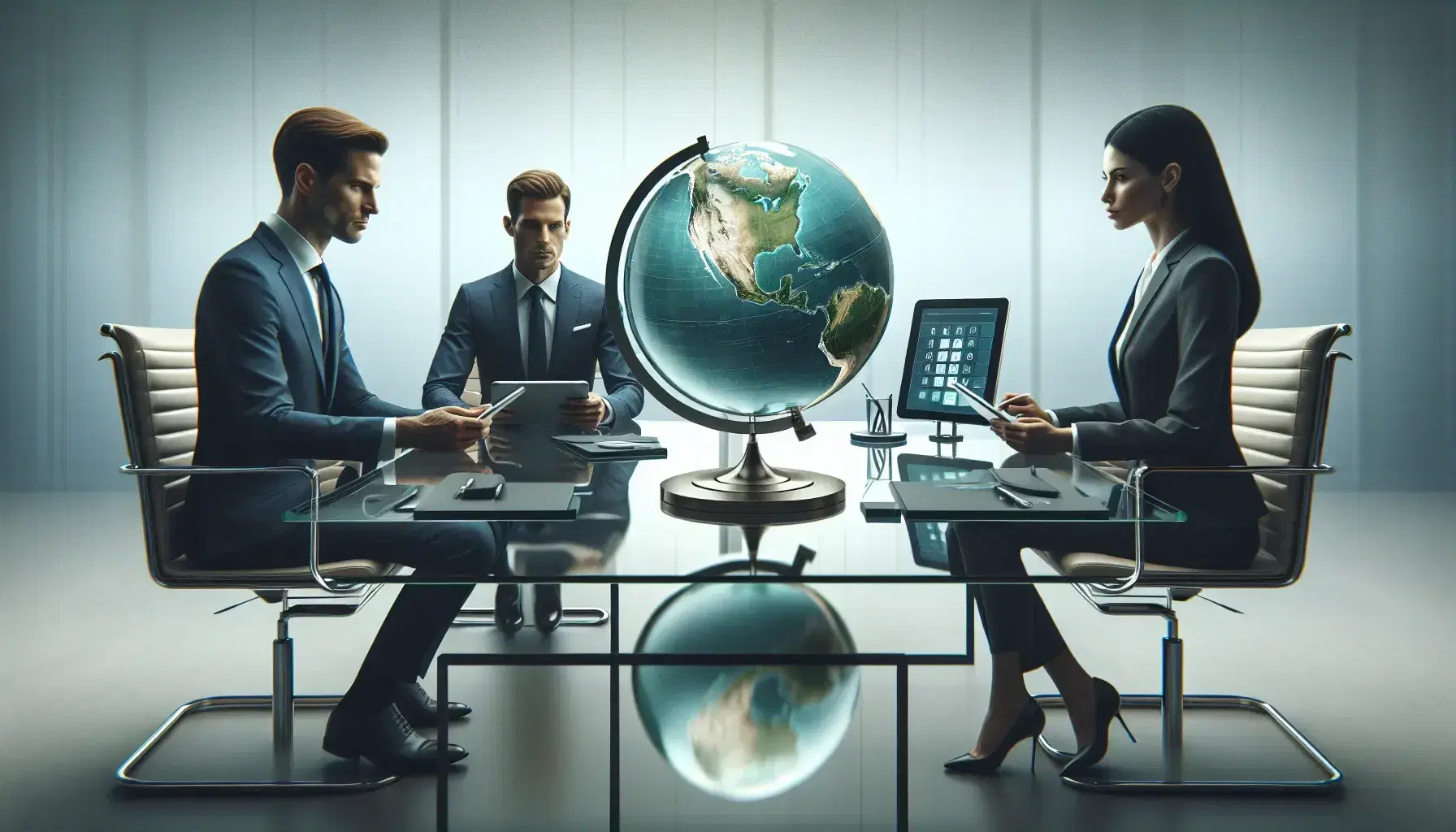 Three professionals in business attire sit around a glass table with a globe and tablets during a meeting in a modern office setting.