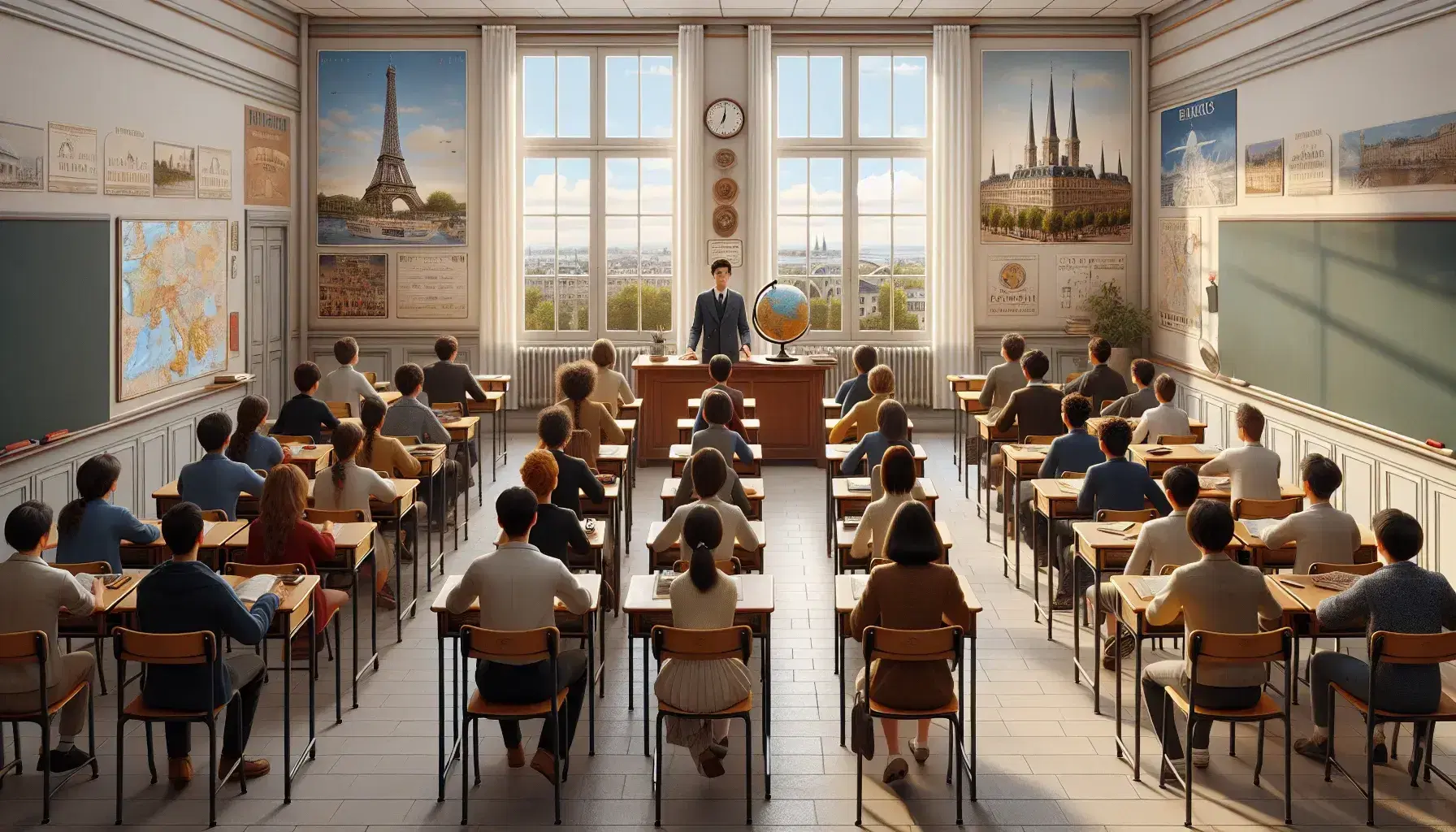 Diverse students seated in a French classroom with educational posters, a teacher explaining a concept, and a globe highlighting France.
