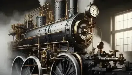 Classic steam locomotive with black cylindrical boiler, polished brass valves, pressure gauge in the foreground and spoked wheels blurred by steam.