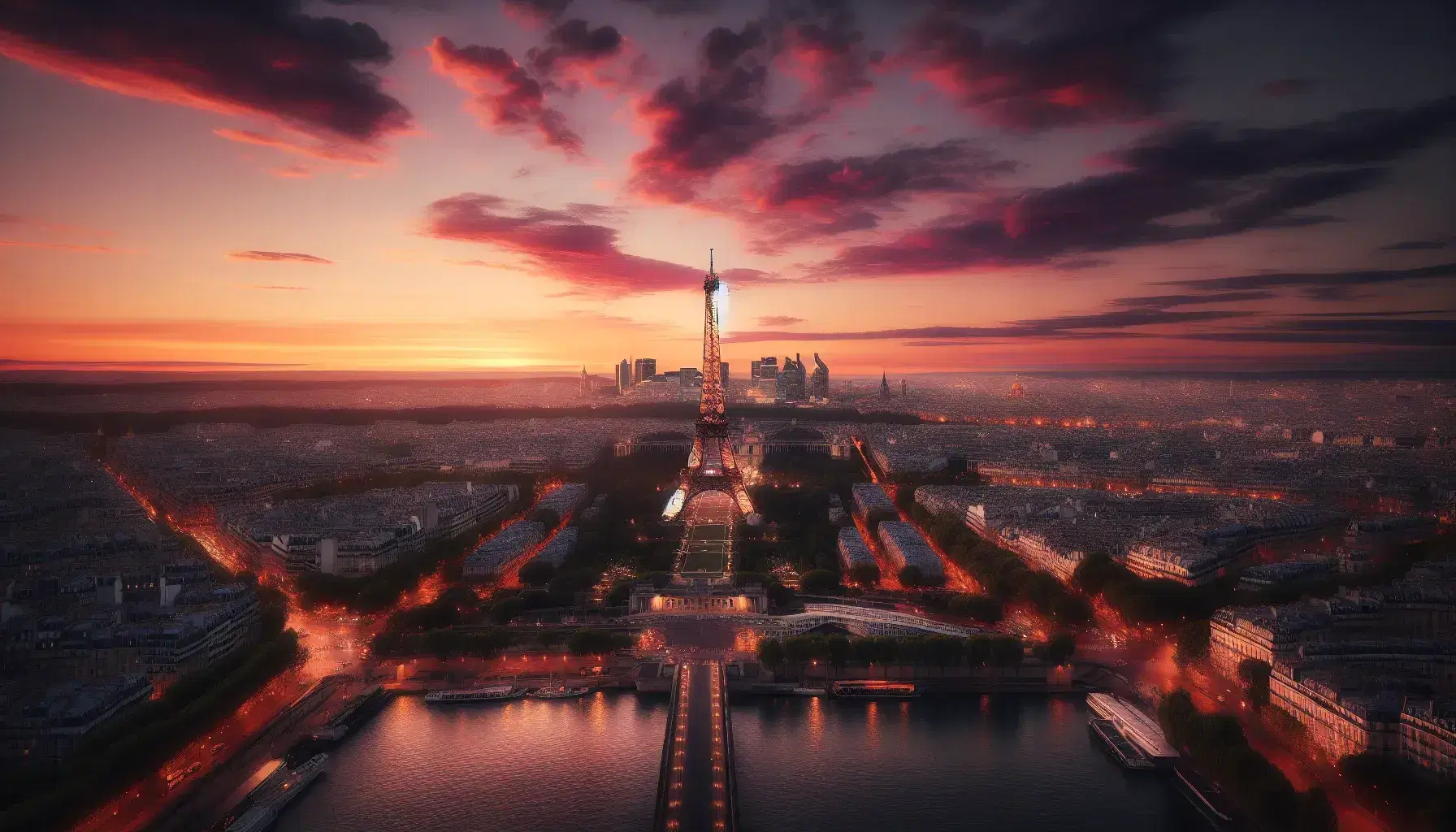 Vista panoramica di Parigi al tramonto con la Torre Eiffel illuminata, cielo sfumato rosa-arancio e riflessi dorati sul fiume Senna.