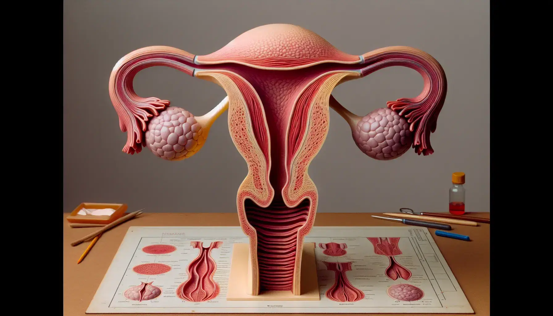 Modello anatomico dettagliato del sistema genitale femminile con ovaie, tube uterine, utero e cervice su superficie neutra.