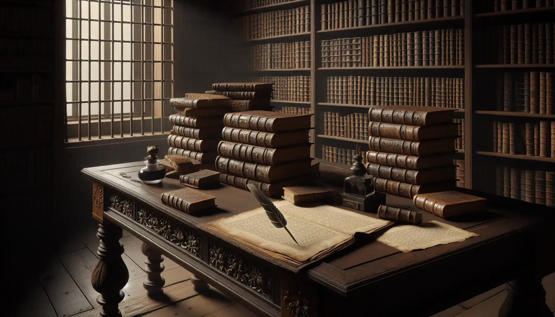 Biblioteca antigua con mesa de madera oscura y libros de tapa gruesa, estantes repletos de libros, pluma y tintero sobre papel en blanco, luz suave entrando por ventana de hierro.
