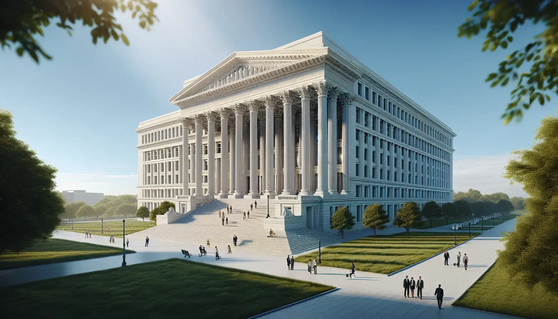 Neoclassical building with white columns and steps, business people walking, on a sunny day with clear blue sky and surrounding greenery.