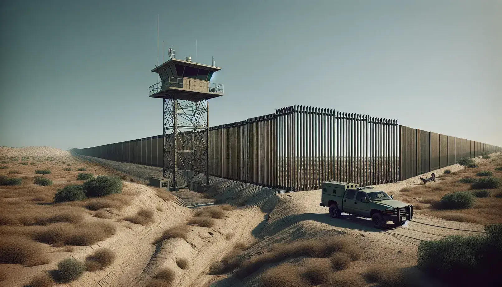 High metal fence on uneven terrain with a watchtower and patrol vehicle, under a clear blue sky, in a dry, grassy landscape.