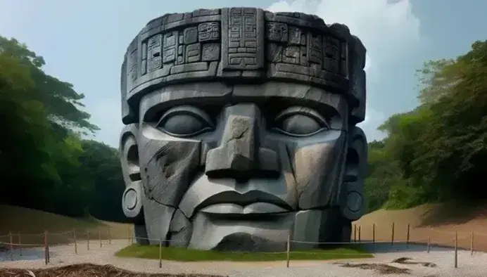 Cabeza colosal de piedra de la civilización Olmeca con rasgos finamente tallados, headdress y signos de erosión, rodeada de vegetación baja en un parque arqueológico.