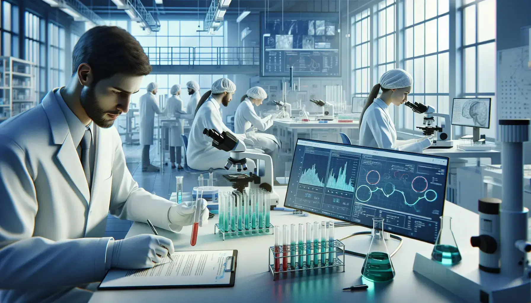 Ricercatori in camici bianchi lavorano in laboratorio moderno con provette colorate, microscopi e monitor con grafici.