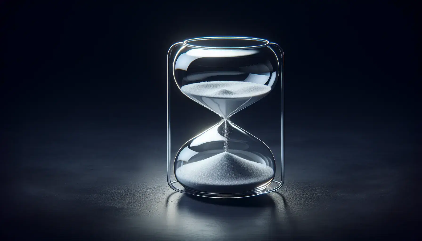 Reloj de arena transparente con arena blanca fluyendo en superficie oscura, iluminación suave resalta texturas y reflejos, sin distracciones visuales.