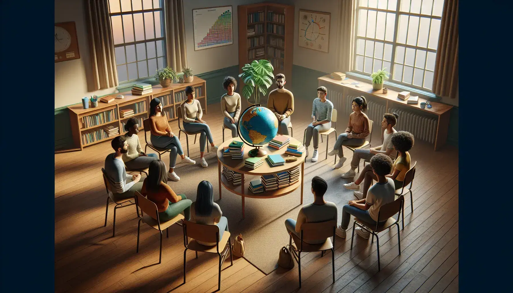 Studenti multietnici discutono attivamente in cerchio in aula con globo, libri, pianta e tablet acceso al centro.