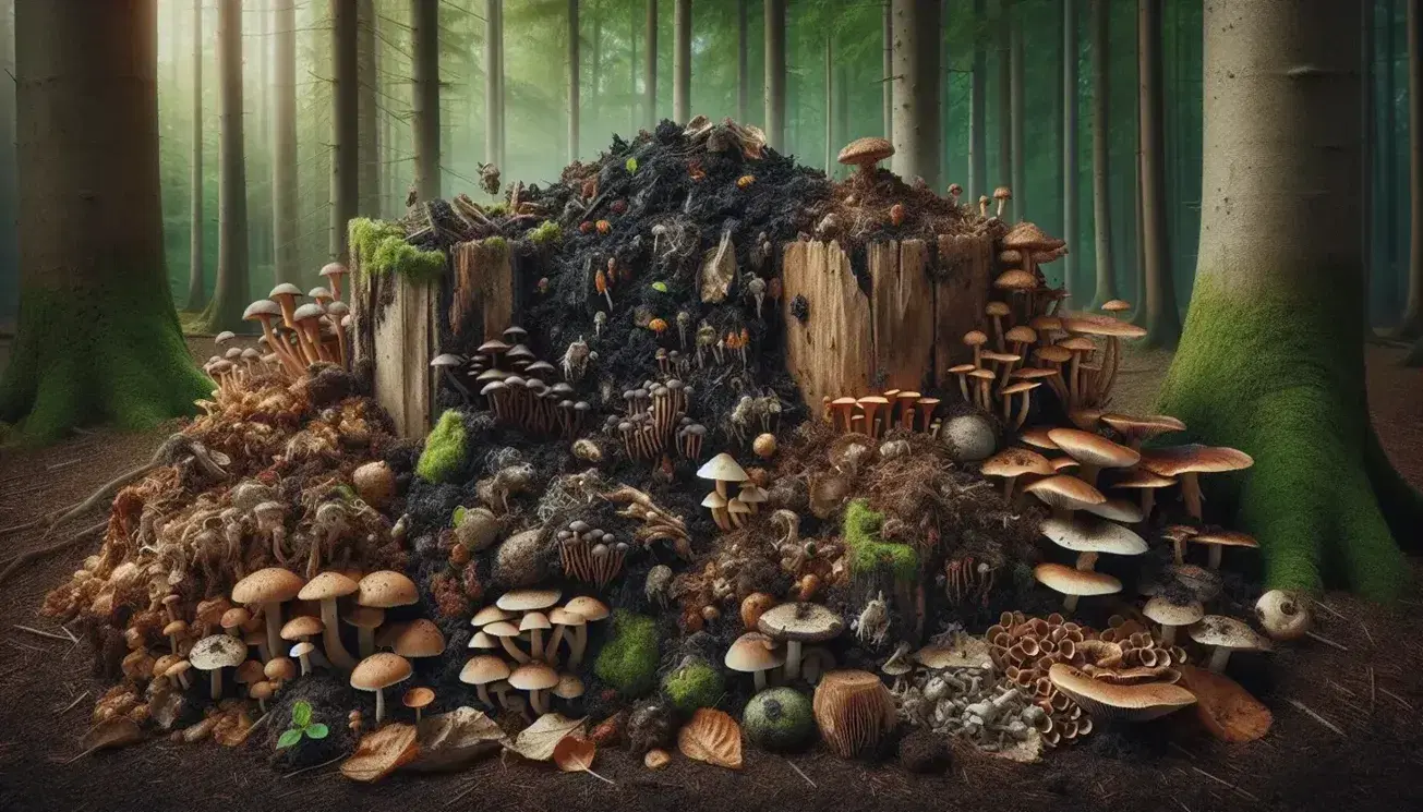 Compostaggio naturale in foresta con funghi, tronchi in decomposizione, muschio, insetti e luce filtrante tra le foglie.