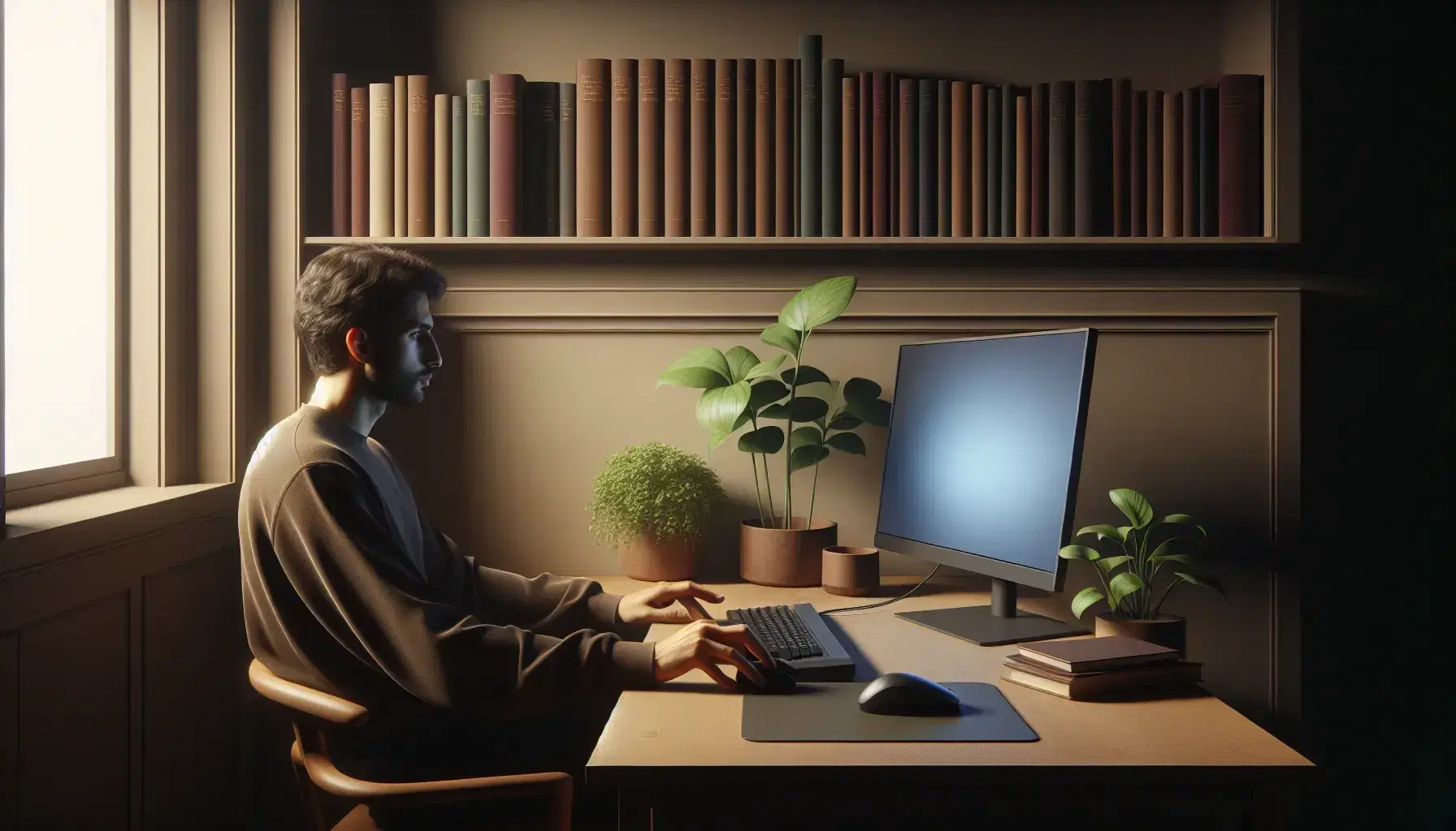 Concentrated man of Middle Eastern origin working in front of a modern monitor, with a bookcase and green plant in the background.