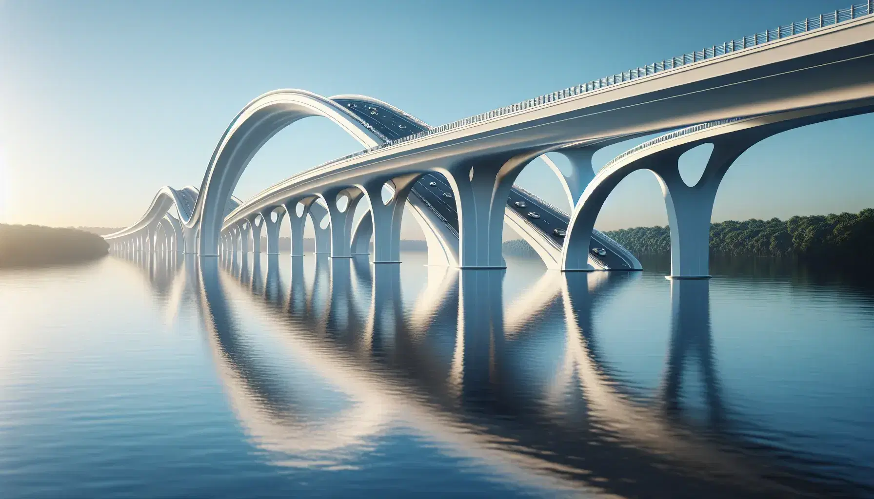 White arched bridge spanning calm waters with reflection, under clear blue sky, flanked by green trees, with cars crossing.