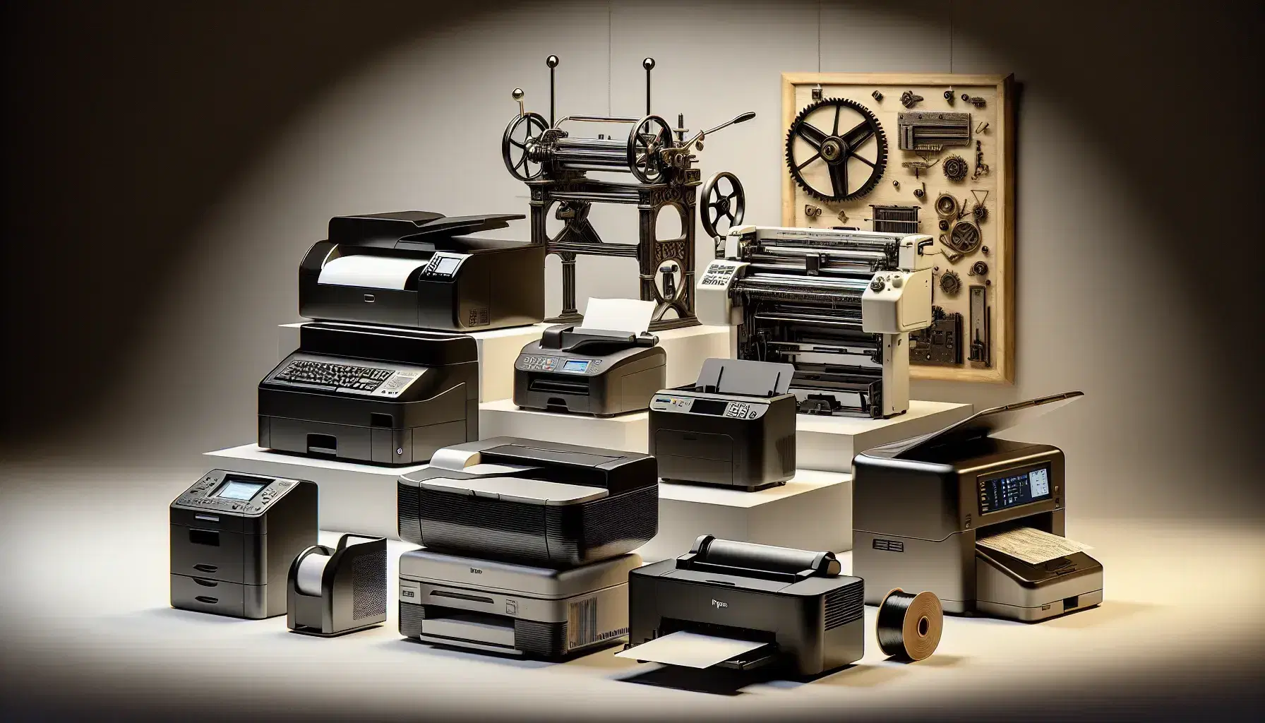Evolución de impresoras mostrando modelos de inyección de tinta, láser, matricial, 3D y prensa antigua, destacando la diversidad tecnológica.