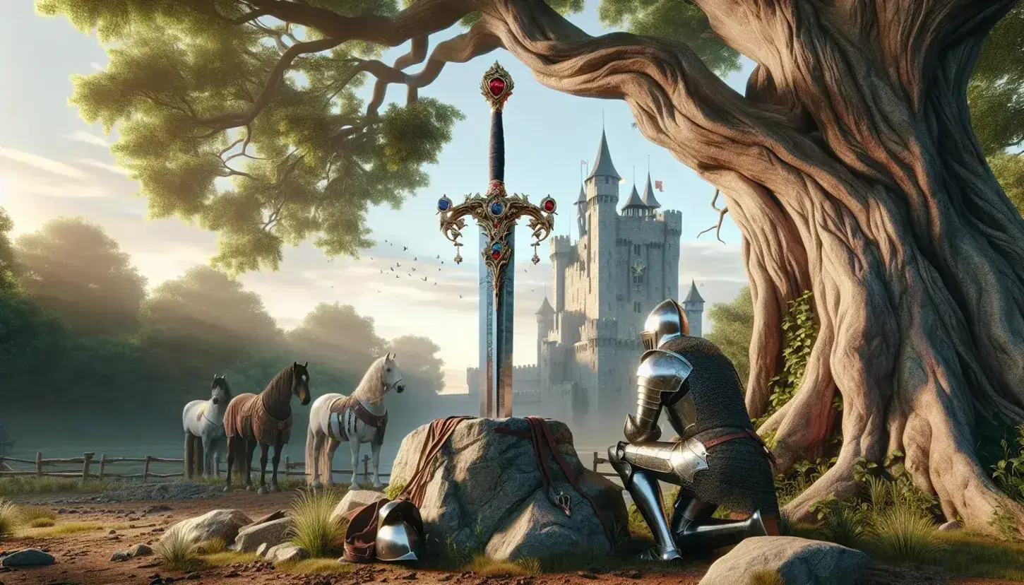 Spada medievale incastonata in una roccia sotto un albero, con castello fortificato sullo sfondo e guerriero in armatura accanto a cavalli legati.