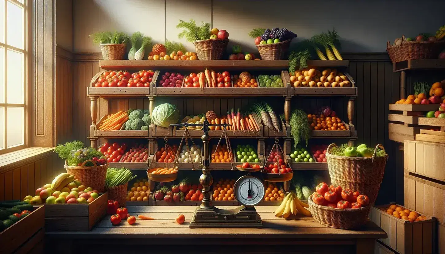 Estantes de madera con frutas y verduras frescas en mercado, incluyendo tomates, zanahorias, uvas, manzanas y plátanos, con balanza de metal en primer plano.