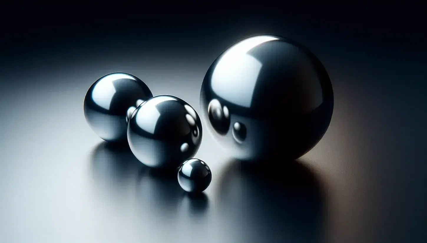 Tres esferas metálicas pulidas en gradación de tamaño sobre superficie oscura reflejante, con iluminación creando reflejos y sombras.