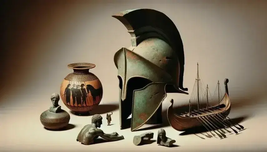 Collection of ancient Greek finds: bronze helmet of a hoplite, fragment of a vase with warriors and sculpture of a trireme, behind a marble bust of a bearded man.