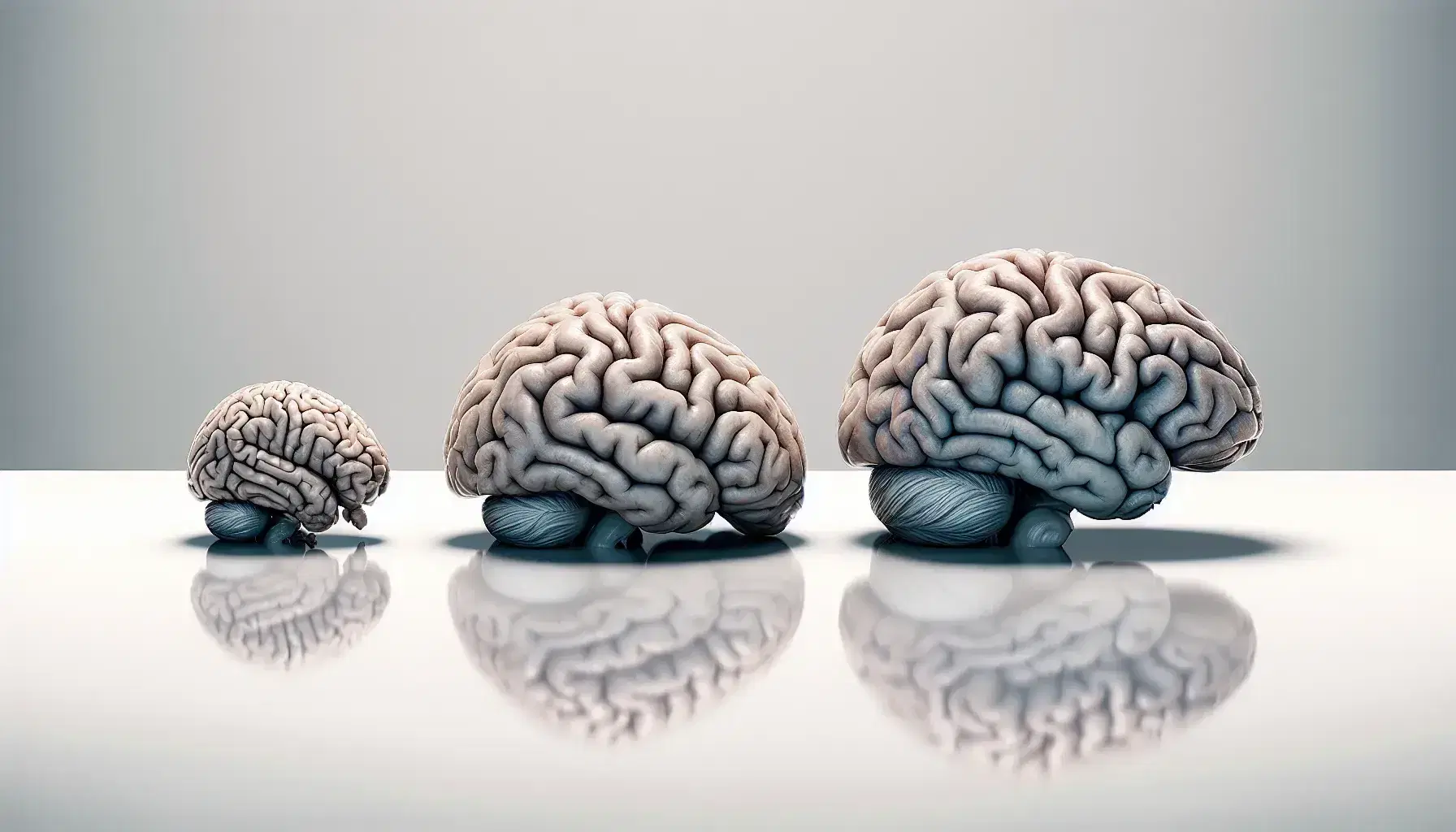 Tres cerebros mamíferos en orden creciente de complejidad y tamaño, desde un cerebro pequeño y liso hasta uno grande y muy plegado.