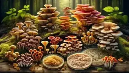 Variedades de hongos y levaduras en entorno natural con setas de tonos marrones, rojos y amarillos, algunos con texturas onduladas, y cultivo de levadura en placa Petri.