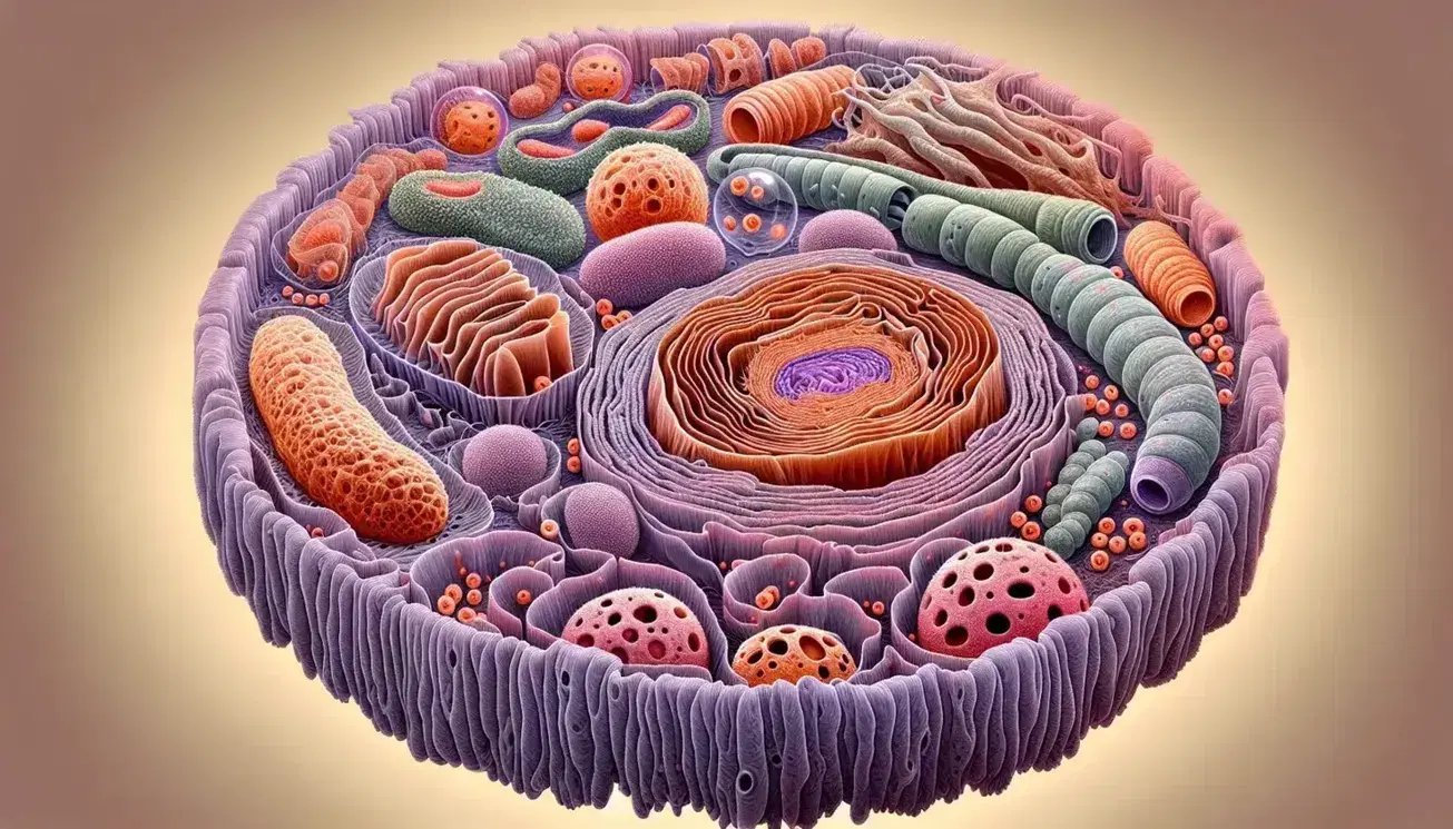 Vista microscópica detallada de una célula eucariota con núcleo, nucleolo, mitocondrias, retículo endoplásmico y aparato de Golgi destacados.