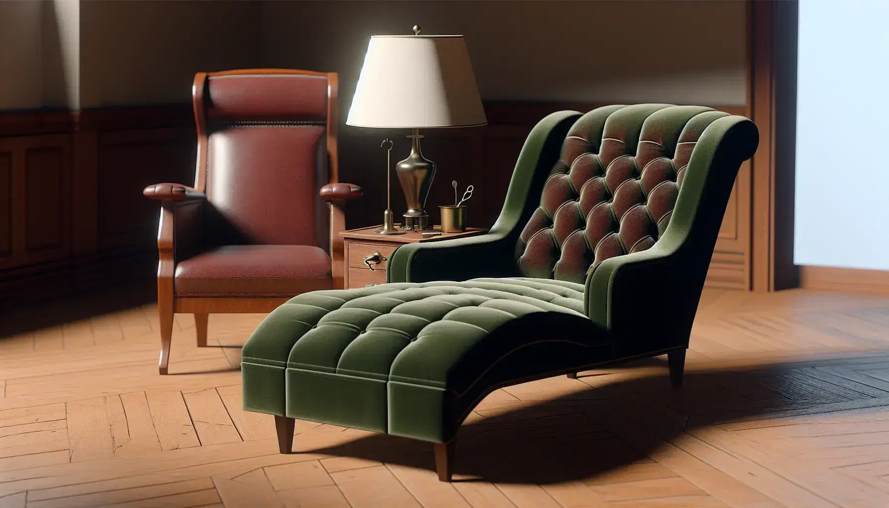 Freudian psychotherapy studio with green velvet chaise longue, burgundy leather chair, coffee table with lamp and landscape painting.