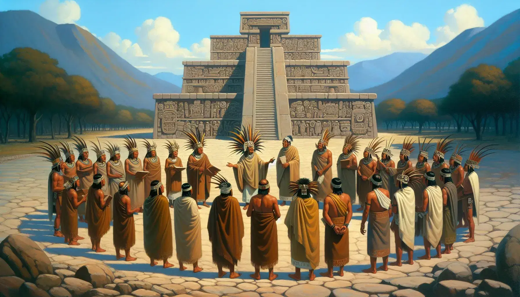 Recreación artística de una escena de vida azteca con personas en círculo y líder central, ante una pirámide de piedra con relieves, bajo un cielo azul con montañas.