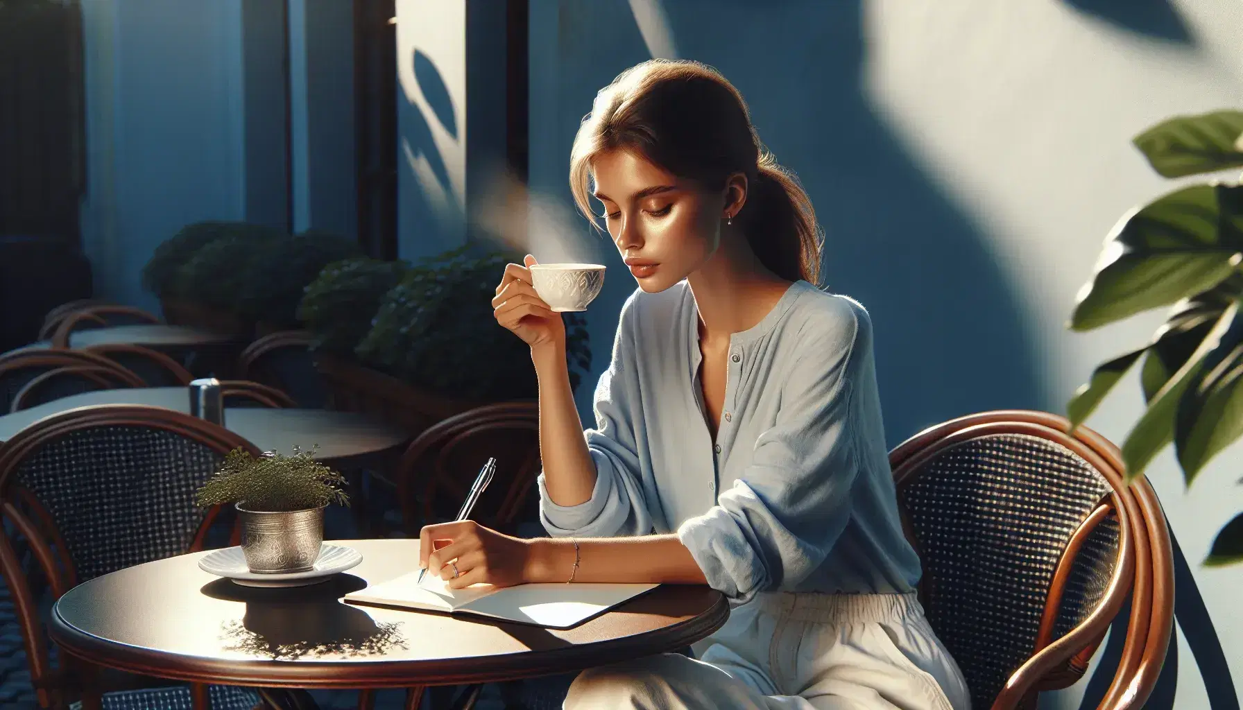 Young woman poised to write in notebook at outdoor café, sipping from a steaming cup, with potted plants in a serene setting under a blue sky.