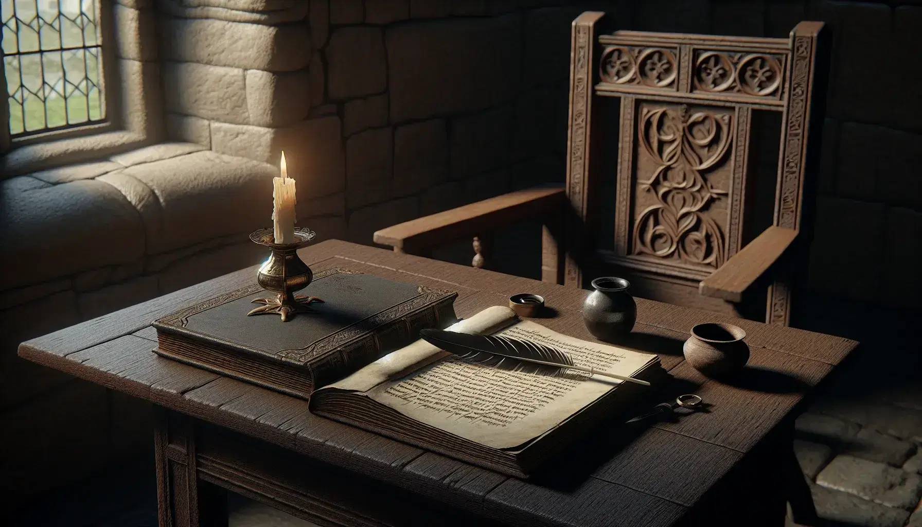 Escena medieval con mesa de madera, libro antiguo abierto, pluma de ave con tinta, tintero de cerámica, silla tallada y vela encendida en habitación de piedra.