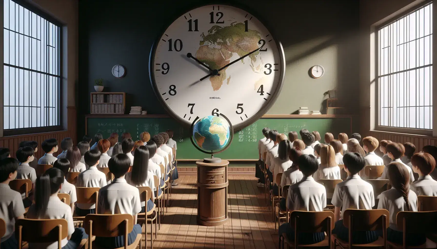 Reloj analógico en pared y estudiantes uniformados enfocados en un globo terráqueo en un aula iluminada naturalmente, sin textos visibles.