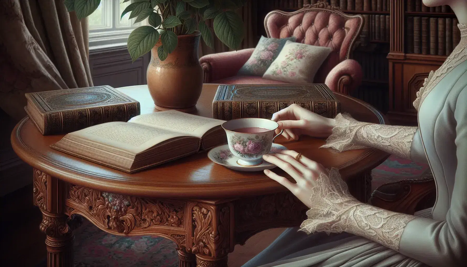 Victorian drawing room with polished wooden table, floral-patterned porcelain teacup, open leather-bound book, and red velvet armchair.