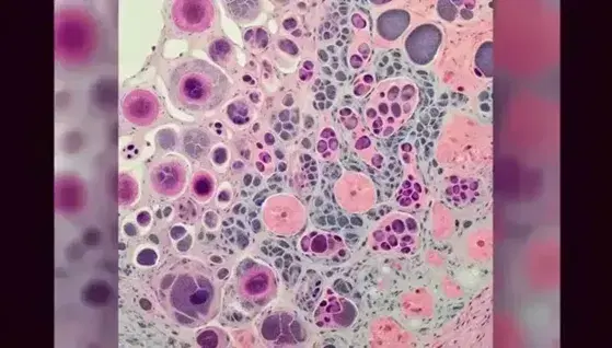 Vista microscópica de tejido celular en regeneración con células en tonos rosa y morado, núcleos oscuros y estructuras de división.