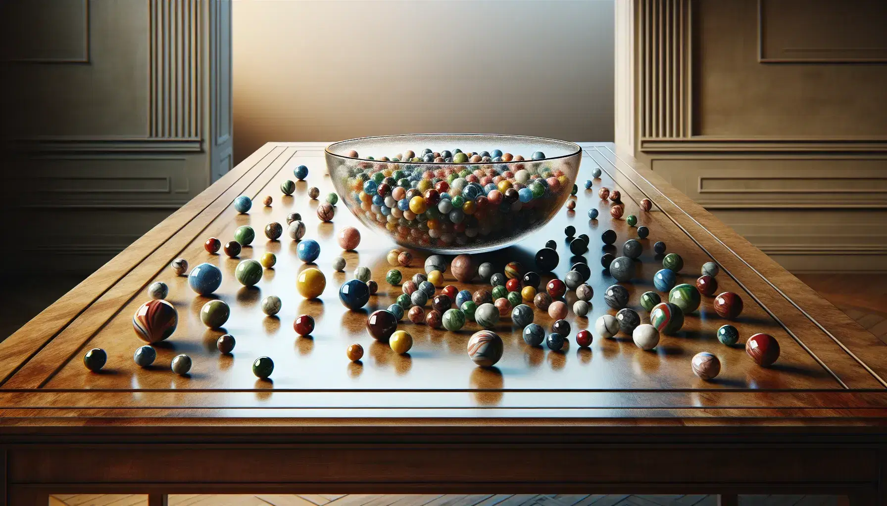 Polished wooden table with four groups of marbles colored in blue, red, green and yellow and a central glass bowl with mixed marbles.
