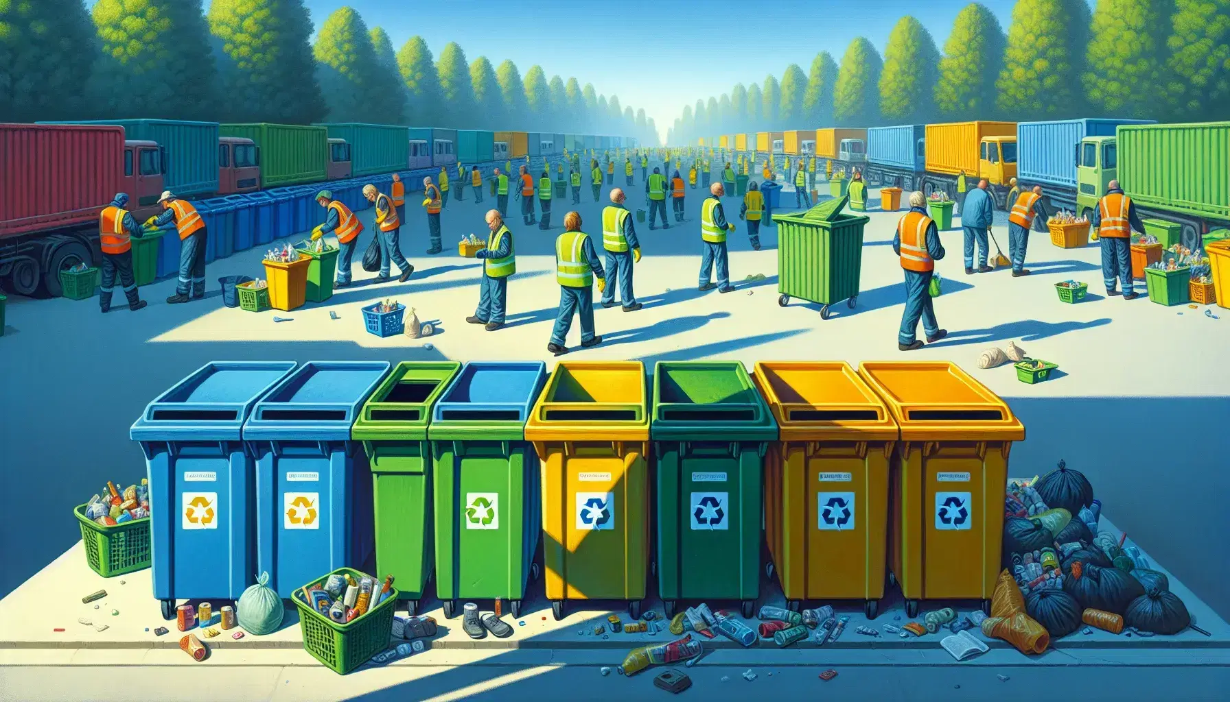 Área de reciclaje al aire libre con contenedores de colores azul, verde y amarillo y personas con chalecos reflectantes clasificando residuos en un día soleado.