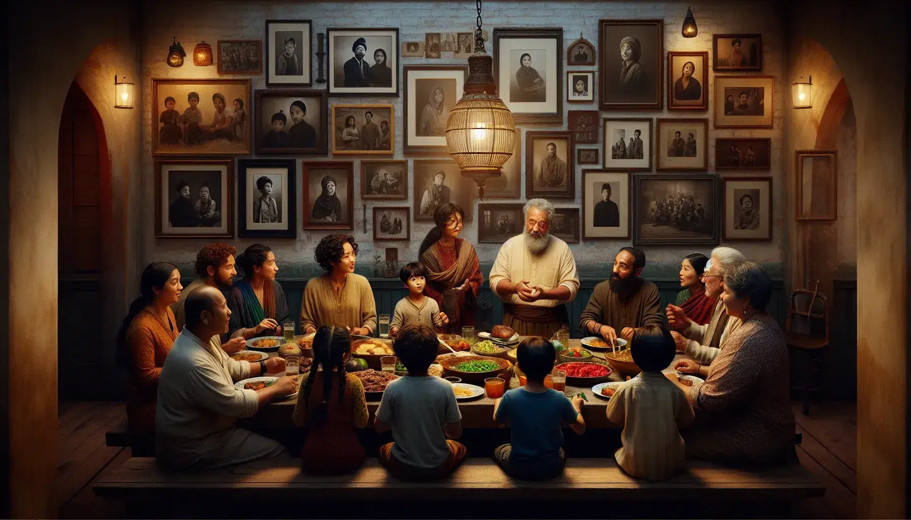 Grupo diverso disfrutando de una comida casera en una mesa rústica, con un niño y un adulto mayor conversando, en un ambiente cálido con fotos en la pared.