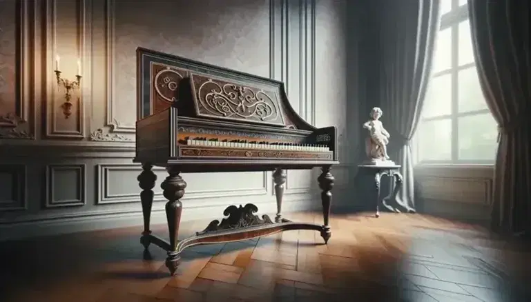 Clavicembalo barocco con intarsi, tastiera storica, in una stanza d'epoca con violino e arco, statua di cherubino accanto.