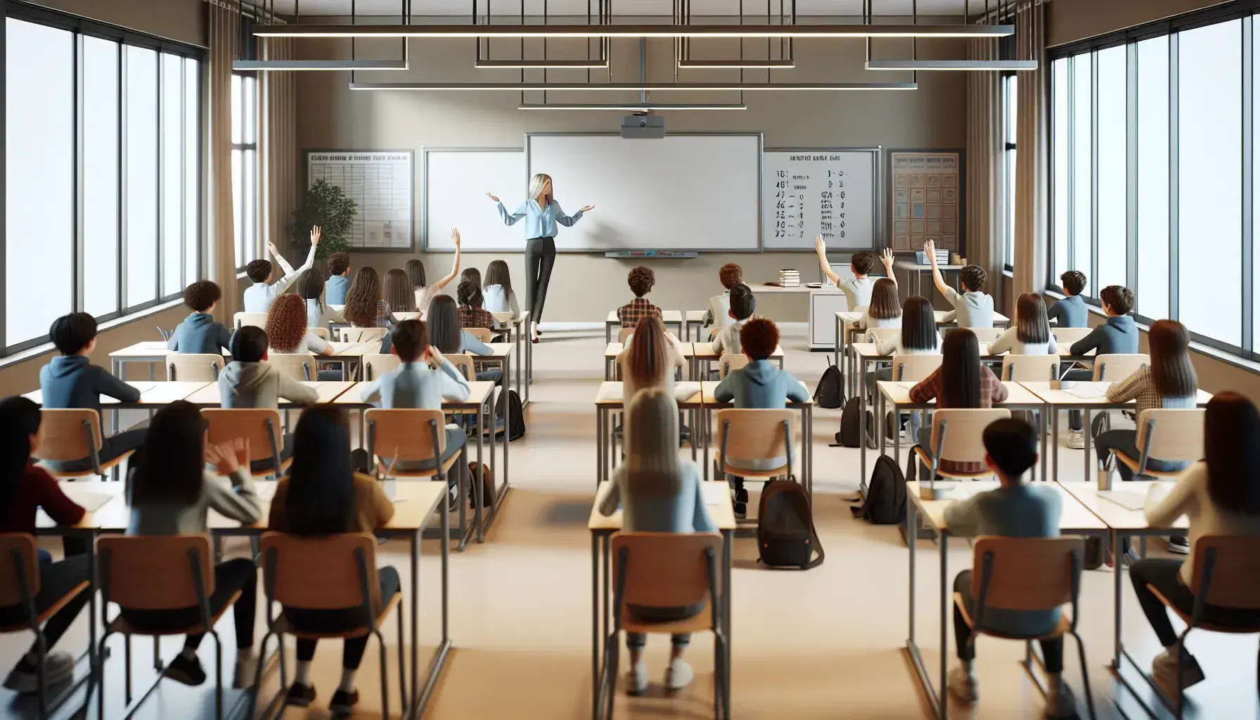 Aula escolar con estudiantes atentos sentados en pupitres de madera y metal, profesora explicando en el centro, pizarra blanca vacía al frente y ventanas grandes al fondo.