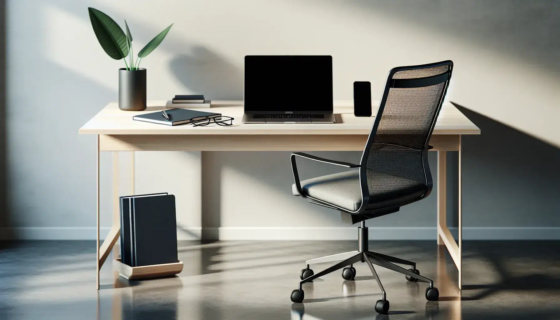Oficina minimalista moderna con escritorio de madera, portátil cerrado, gafas sobre cuaderno azul, smartphone apagado, silla ergonómica y planta interior.