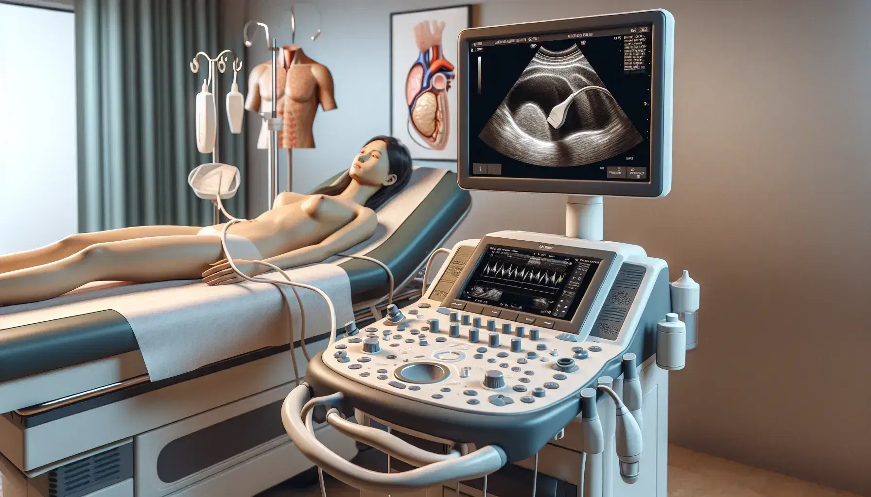 Modern ultrasound machine with large screen, displaying sonogram, beside an anatomical mannequin on an exam bed, with a medical professional conducting a scan.